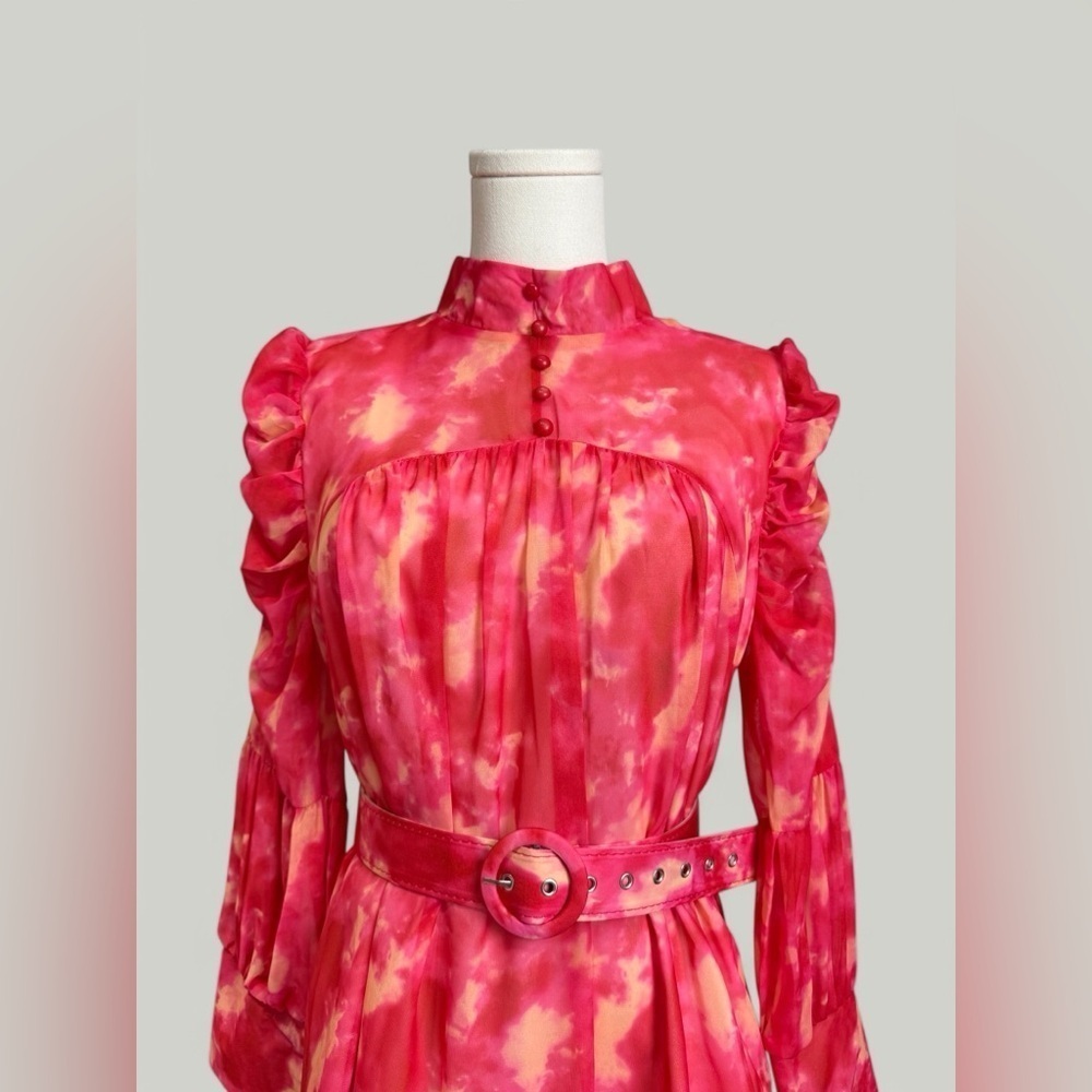 Dress Women Size Large Pink Tie Dye Mini Ruffle Long Sleeves Tiered Skirt Sheer - Picture 8 of 15